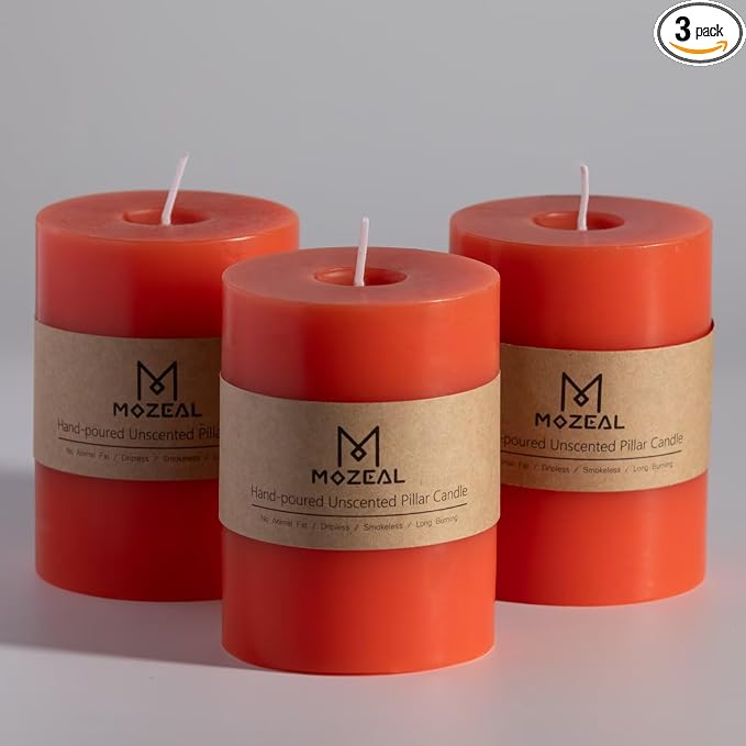 MOZEAL 3" x 4" Hand-Poured Unscented Candle, Dripless Pillar Candle Set of 3 by MOZEAL