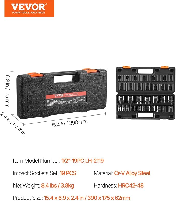 VEVOR Impact Drive Socket Set 1/2 Inches 19 Piece Impact Sockets SAE, Standard - Image 7
