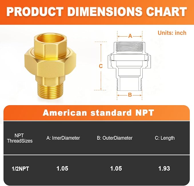 GASHER 2PCS 1/2" NPT Brass Union Pipe Fitting | 1/2 Inch Male x 1/2 Inch Female - Image 3