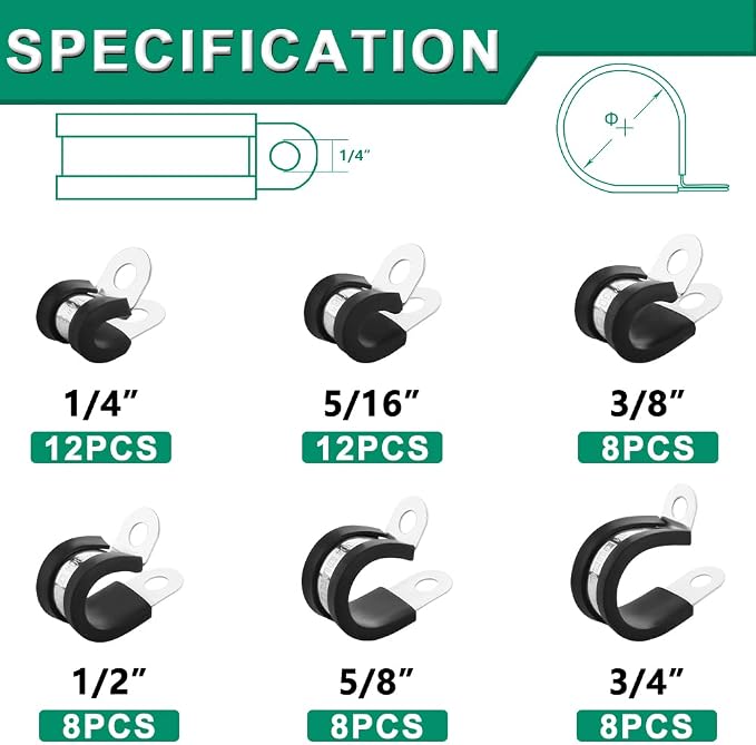 OURU 56PCS Cable Clamps Assortment Kit, Rubber Coated, 1/4"-3/4" 6 Sizes | 304 - Image 2