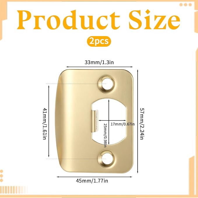 2 PCS Door Strike Plate 2-1/4"X1-3/4", Universal Gold Round Corner Strike Plate - Image 2