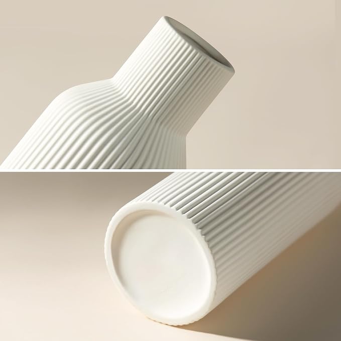 Large White Tall Ceramic Vase, Modern Matte Vertical Ribbed, Nordic Minimalist - Image 8
