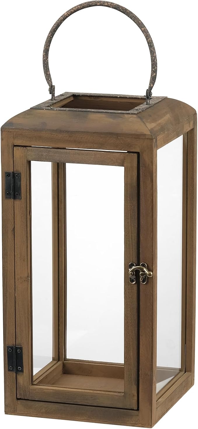16" High Wooden Lantern Made of Solid Firwood in Handpainted Mediterranean Brown by Unknown