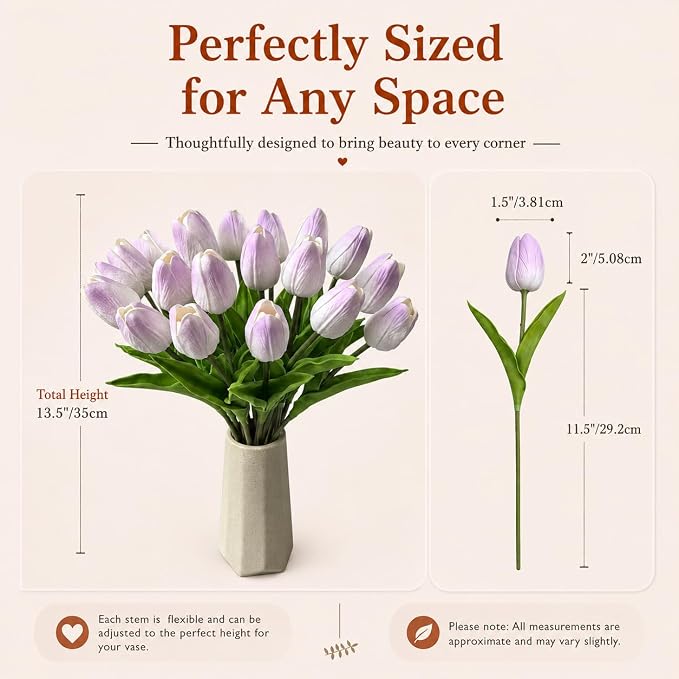Mandy's 20pcs Artificial Light Purple Tulips | 13.5 Inch Lifelike PU Tulips - Image 3