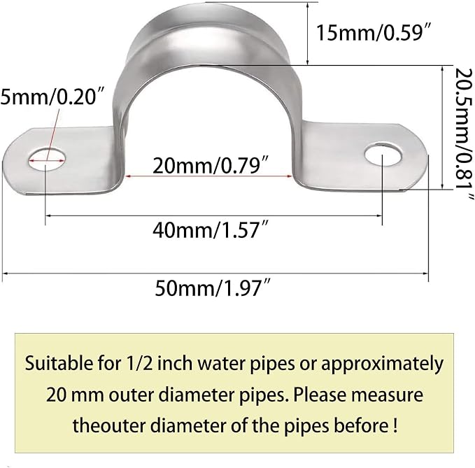 1/2inch Rigid Support Pipe Strap, 2 Hole U-Tube Strap Clamp, Stainless Steel - Image 2