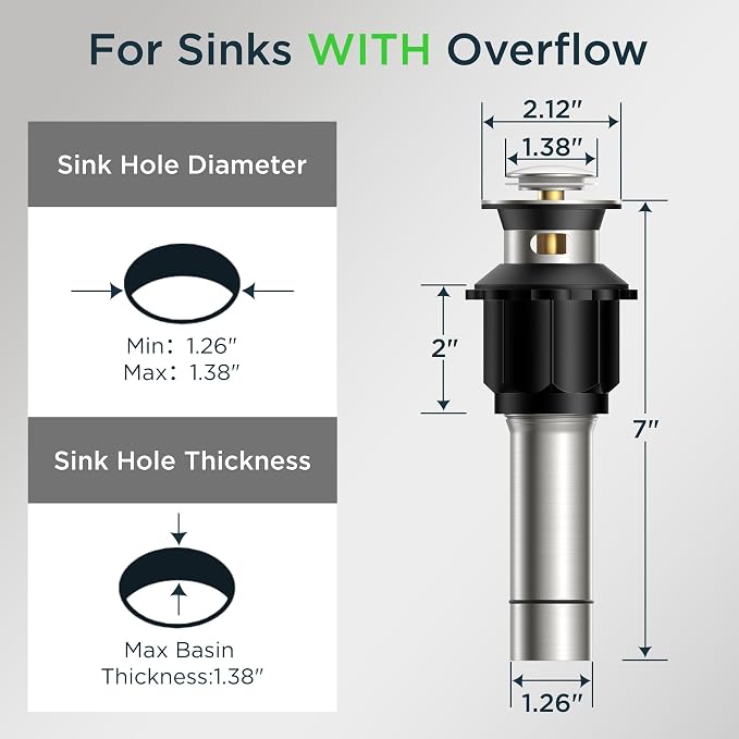FORIOUS Sink Drain with Overflow, Brushed Nickel Pop Up Drain with Stopper - Image 2