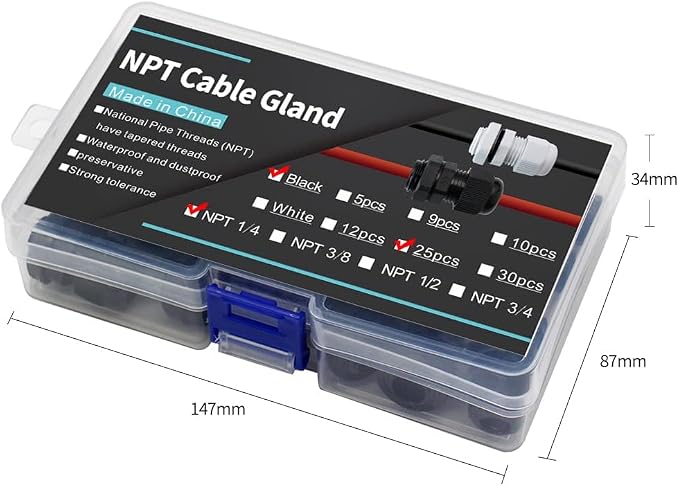 25-Pack 1/4" NPT Cable Glands, IP68 Waterproof Nylon PA66 Strain Relief Cord - Image 3
