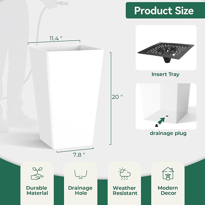 Worth Garden 20" Tall Planters Set of 2 – Large White Tapered Plastic Flower - Image 5