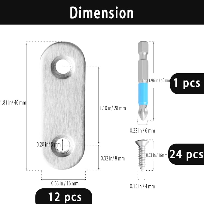12 Pcs Mending Plate, 1.81 x 0.6 inch Stainless Steel Flat Plates - Image 3