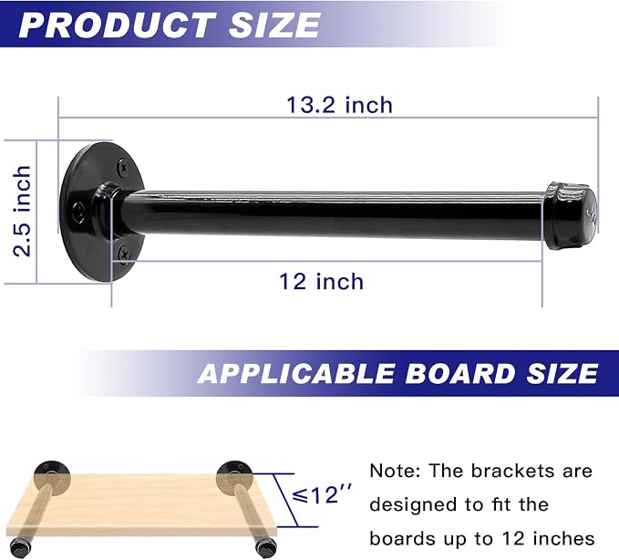6 Pack Pipe Shelf Brackets 12 Inch, Industrial Iron Pipe Floating Shelves - Image 3
