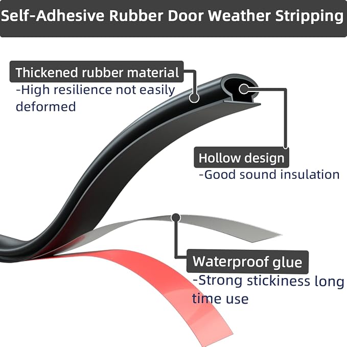 ESUFEIR 49Feet Door Weather Stripping Seal Strip, Self-Adhesive Rubber - Image 4