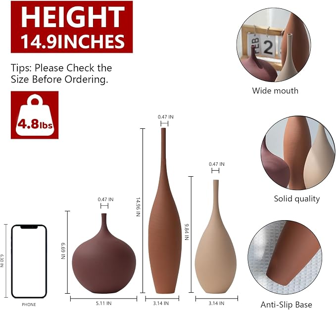 Relexome Ceramic Modern Vase Set of 3 Farmhouse Decorative Vase Minimalist - Image 2