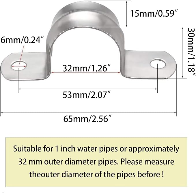 1inch Rigid Support Pipe Strap, 2 Hole U-Tube Strap Clamp, Stainless Steel - Image 2