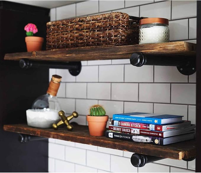 Pipe Shelf Brackets 8 Inch, Industrial Black Metal Wall Pipe Floating Shelf - Image 6