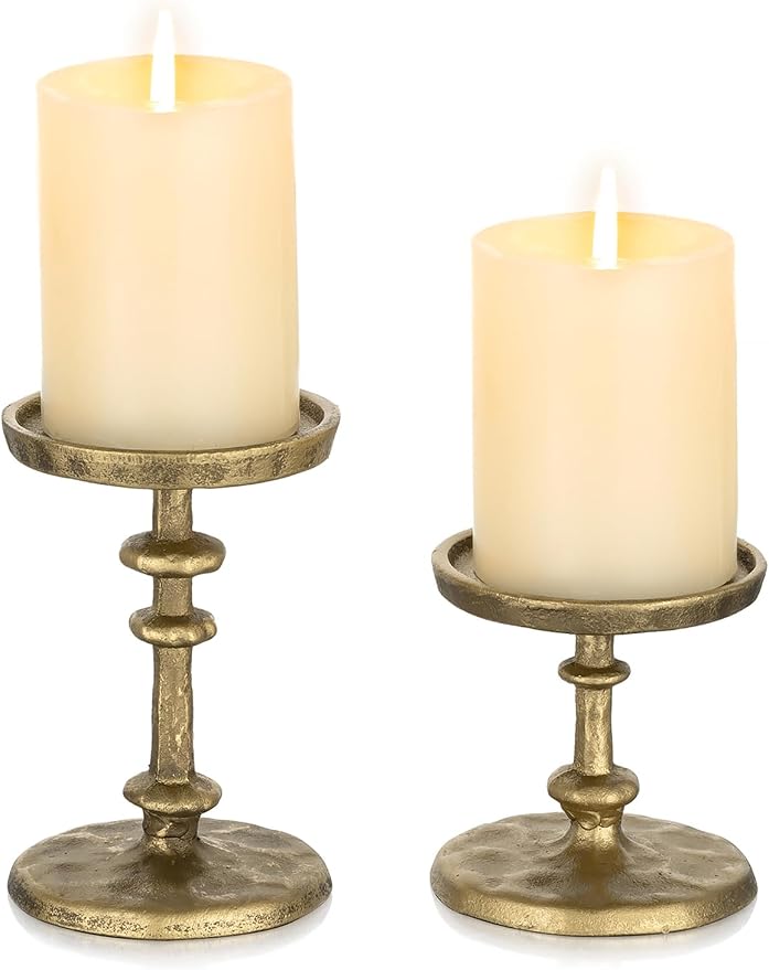 NUPTIO Gold Candle Holders for Pillar: Antique Brass Cast Iron Candle Stand | - Image 7