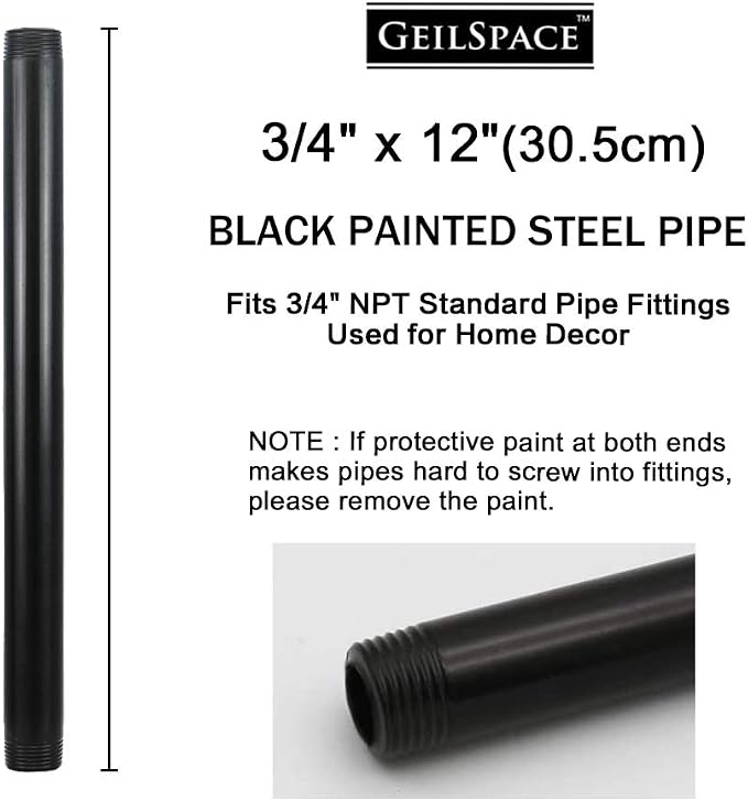 6 Pack 3/4" × 12" Pre-Cut Black Metal Pipe, Industrial Steel Fits Standard - Image 2