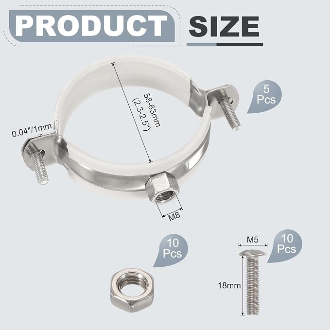 HARFINGTON 5pcs 201 Stainless Steel 2.3-2.5"/58-63mm Split Ring Pipe Hanger - Image 2
