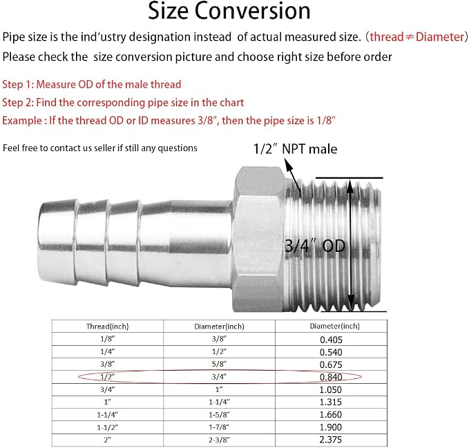 Stainless Steel Hose Barb Fitting 3/8" Hose Barb to 1/2" NPT Male Thread - Image 2