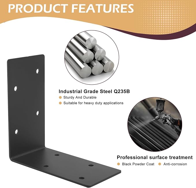 4 PCS Heavy Duty Steel Corner Brackets, 90 Degree Post Bracket, Metal Joint - Image 3