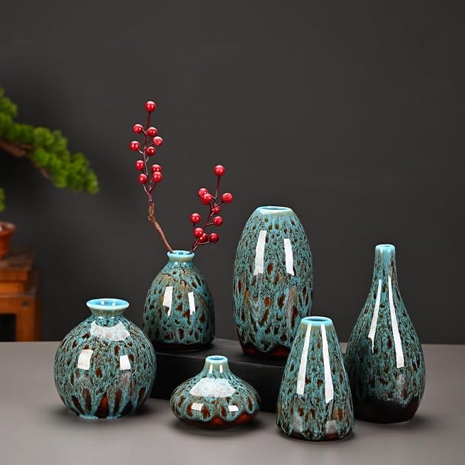 Ceramic Bud Vase Set, Fambe Blue Glazed Finish, Decorative Flower Vases - Image 7