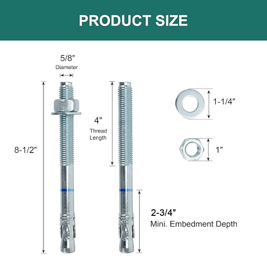 5/8" x 8-1/2" Concrete Anchors 5/8 inch Wedge Anchors Bolts Zinc Plated - Image 2