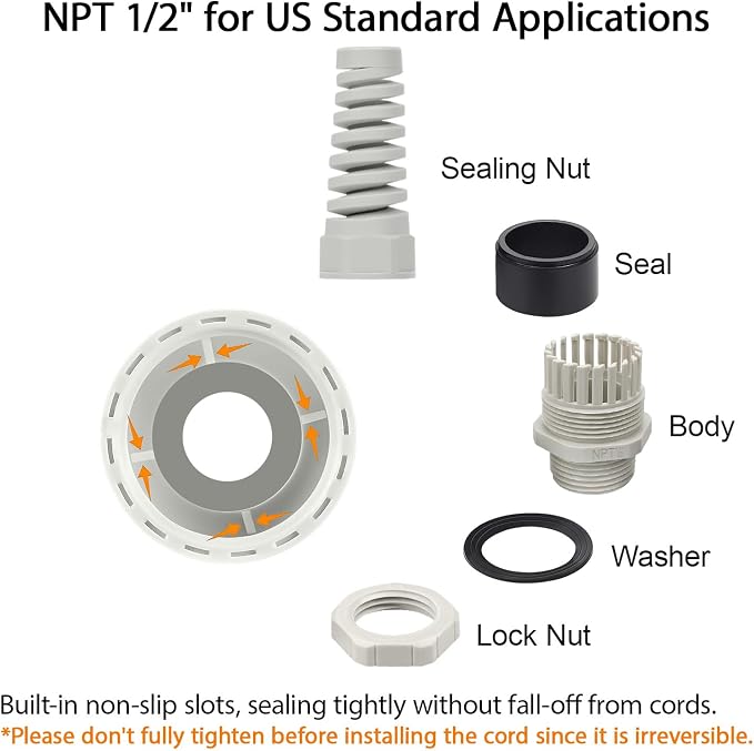 50Pcs NPT 1/2" IP68 Waterproof Cable Gland Flex Spiral Strain Relief Grey Nylon - Image 4