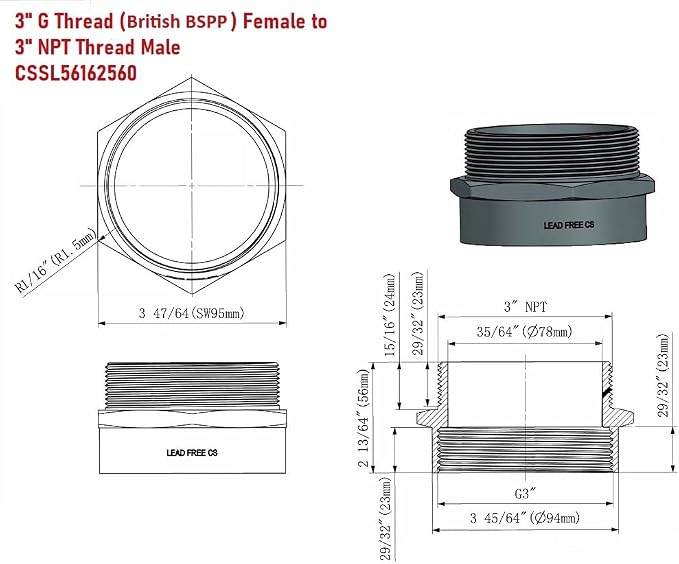 Cascada 3" G Thread Female to 3" NPT Thread Male Pipe Fitting Adapter - Image 2