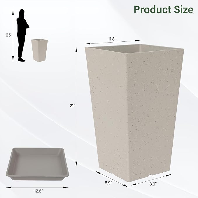 Neoaider Set of 2 Tall Planter, 21 inch Large Plastic Planter, Light Gray | - Image 3