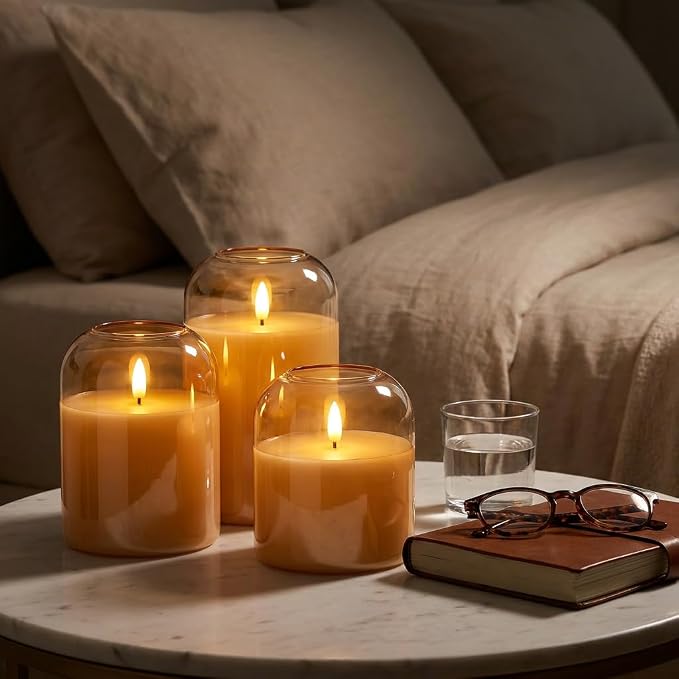 Fall Decorations for Home, Amber Glass Flameless Candles, LED Pillar Candle | - Image 9