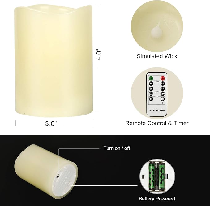 AKU TONPA Flameless Candles Battery Operated Pillar Real Wax Flickering - Image 2
