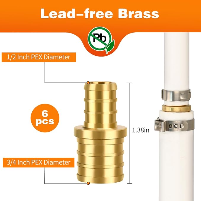 6 Pack 3/4" × 1/2" Brass PEX straight Coupling Fittings | - Image 2