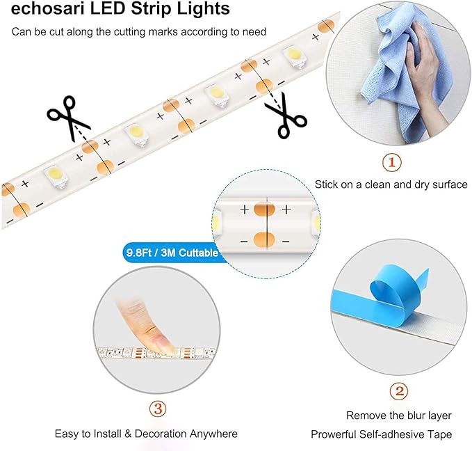 echosari Blue Led Strip Lights Waterproof Battery Operated - Image 6