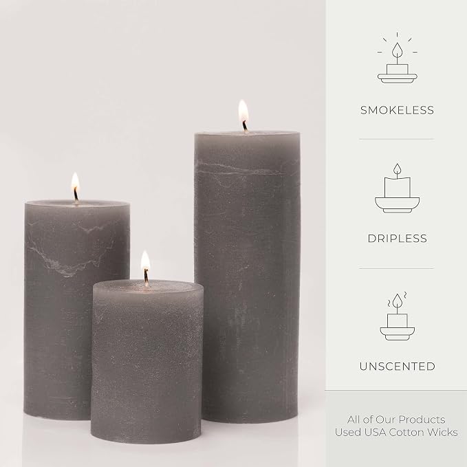 BASK Mottled Unscented Cool Grey Pillar Candles Set of 3 - Image 3