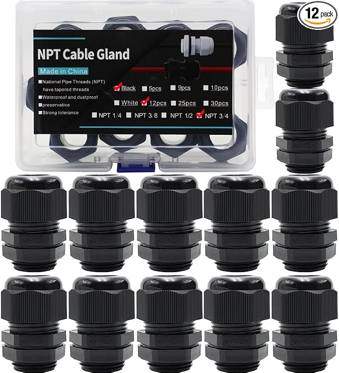 12-Pack 3/4" NPT Cable Glands, IP68 Waterproof Nylon PA66 Strain Relief Cord by AIRTAK