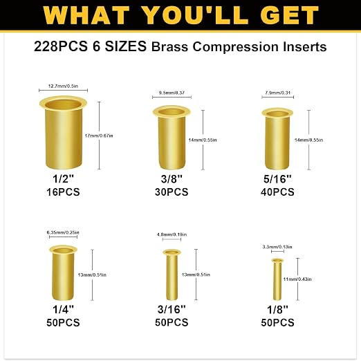 Siptenk 236PCS 1/2" 3/8" 5/16" 1/4" 3/16" 1/8"Brass Compression Tube Insert | 6 - Image 2