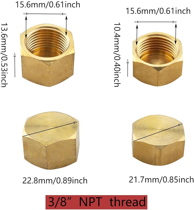 4pcs Brass Pipe Caps with Rubber Washers 3/8 inch NPT Female Pipe Plugs Hex - Image 2