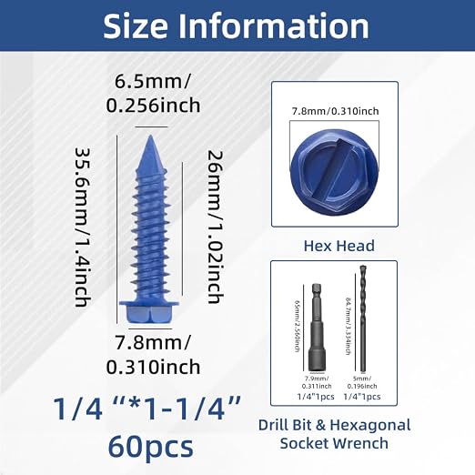 60Pcs 1/4" x 1-1/4" Concrete Screws - Image 2
