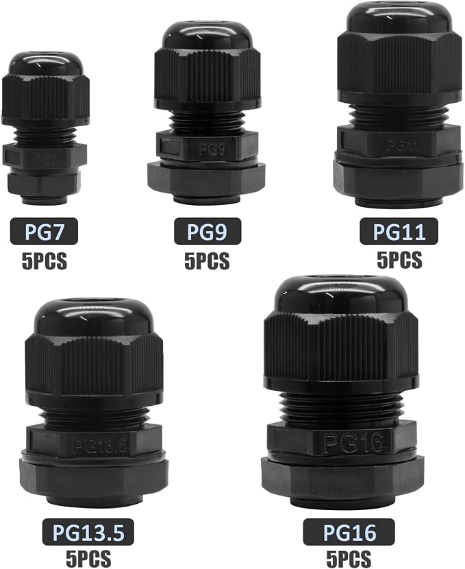 25 Pcs Nylon Cable Glands 5 Size Kit PG7 PG9 PG11 PG13.5 PG16 | IP68 Waterproof - Image 2