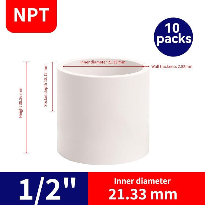 10Pack 1/2 Inch White PVC Pipe Coupling, Socket x Socket, Schedule 40 Heavy - Image 2