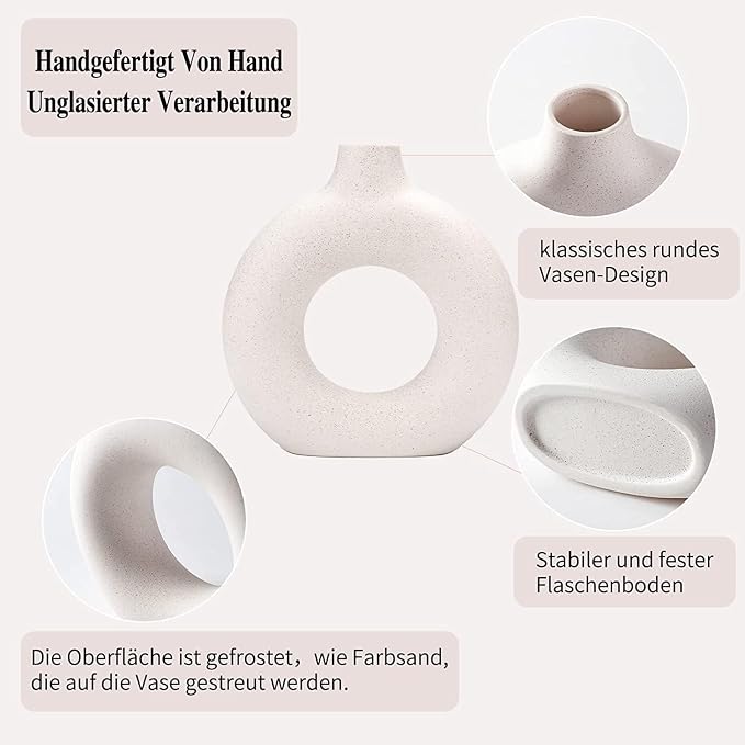 White Ceramic Donut Vase Set of 2, Hollow Matte Pampas Flower Vases - Image 3