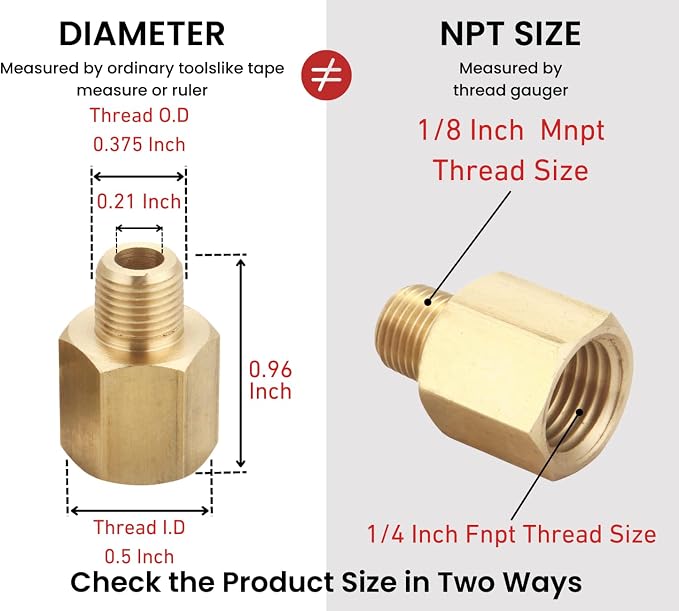 Brass Pipe Fitting Adapter, 1/8" NPT Male x 1/4" NPT Female - Image 2