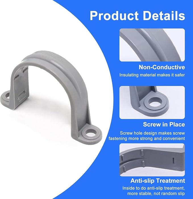 1-1/2 Inch PVC Pipe Strap, 2-Holes Conduit Pipe Clamps Plastic Pipe Supports - Image 3