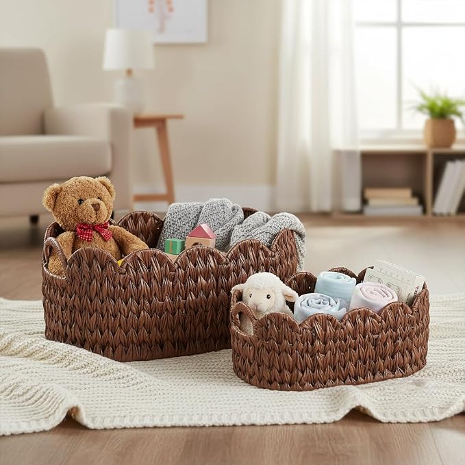 Coeusy Wicker Scalloped Basket Set of 2, Woven Storage Baskets - Image 5