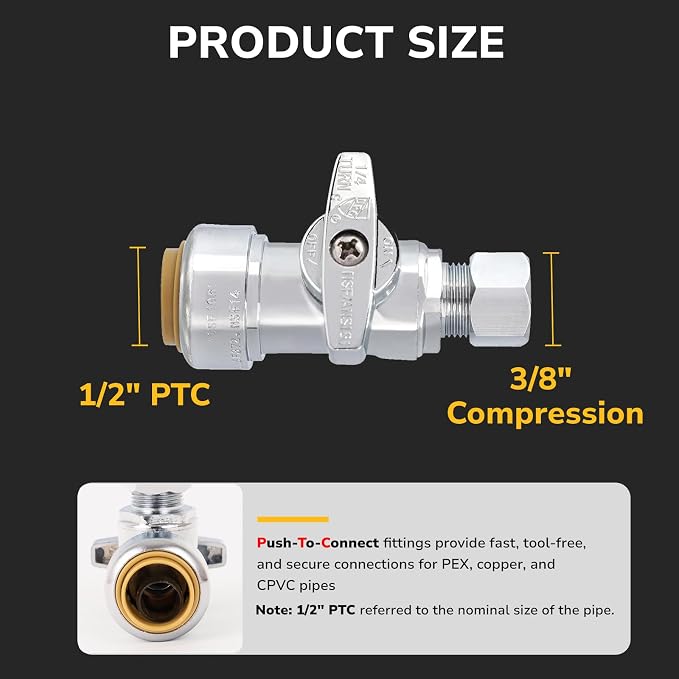 1/2" PTC x 3/8" OD Compression Straight Stop Valve, Toilet Water Shut Off - Image 2