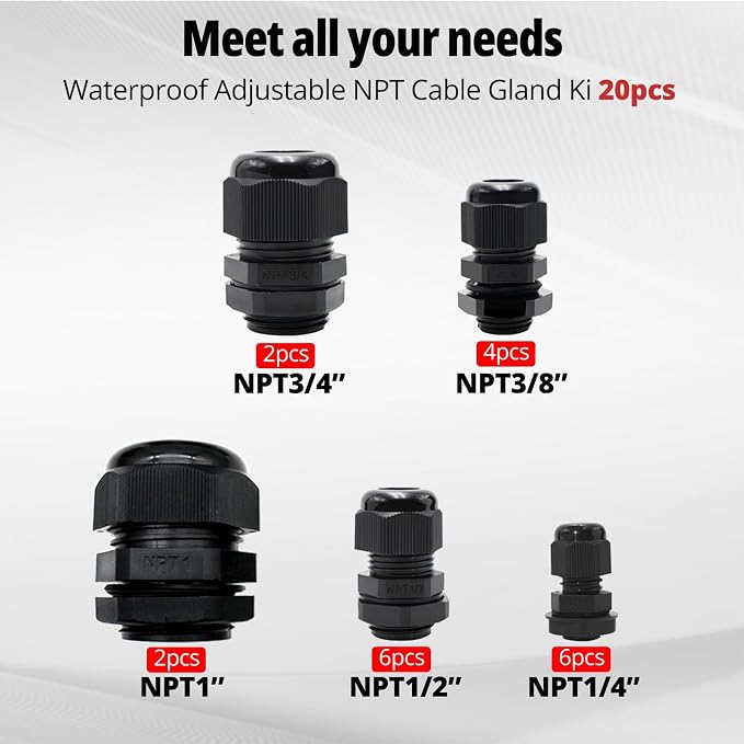 20-Pack NPT Cable Gland Kit, IP68 Waterproof Nylon PA66 Strain Relief Cord Grips - Image 2