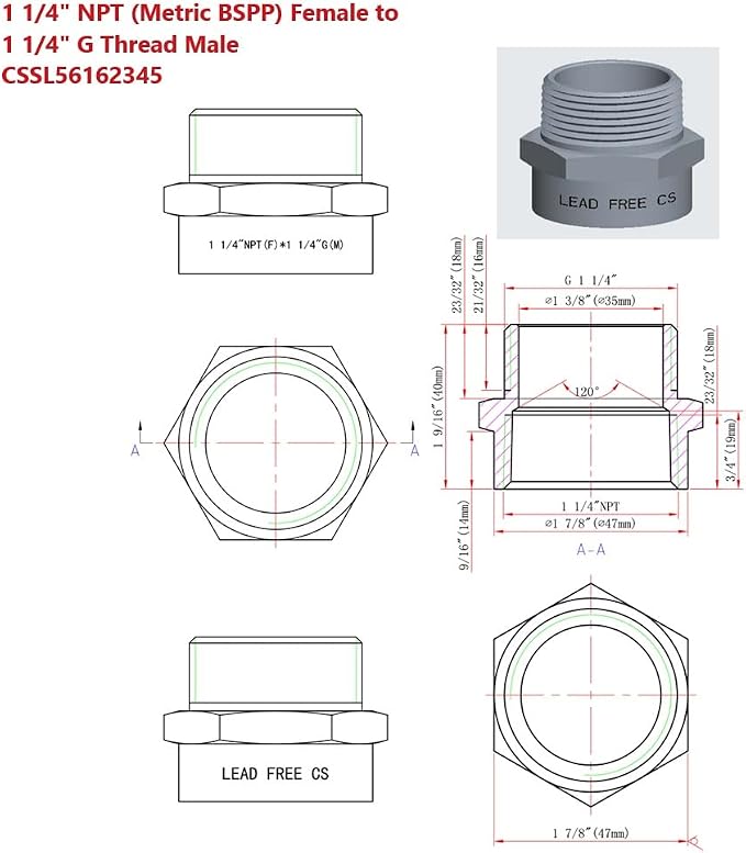 Cascada Lead-Free 1 1/4" G Thread Male to NPT Female Adapter | G Thread Male to - Image 4