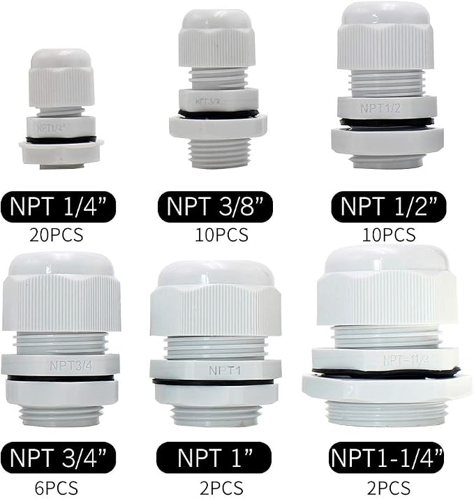 MAKERELE 50pcs NPT Cable Glands Kit Waterproof Strain Relief Connector | Grey - Image 2