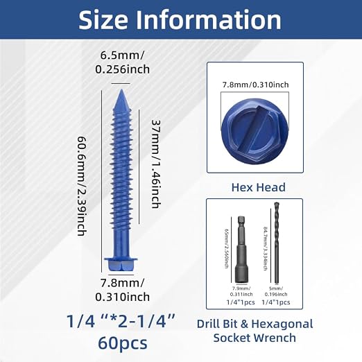 60Pcs 1/4" x2-1/4 Concrete Screws - Image 2