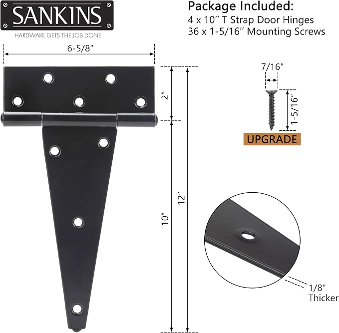 10 Inch T-Strap Shed Door Hinges Heavy Duty, Yard Door, Barn Door Gates - Image 2