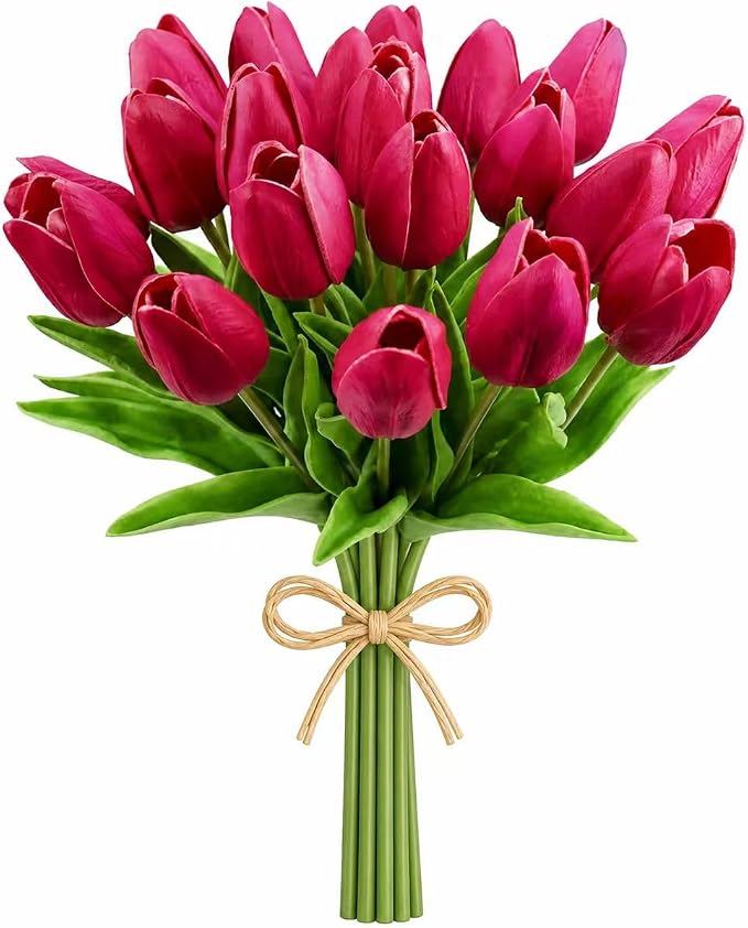 Mandy's 20pcs Artificial Hot Pink Tulips | 13.5 Inch Lifelike PU Tulips Faux by Mandys